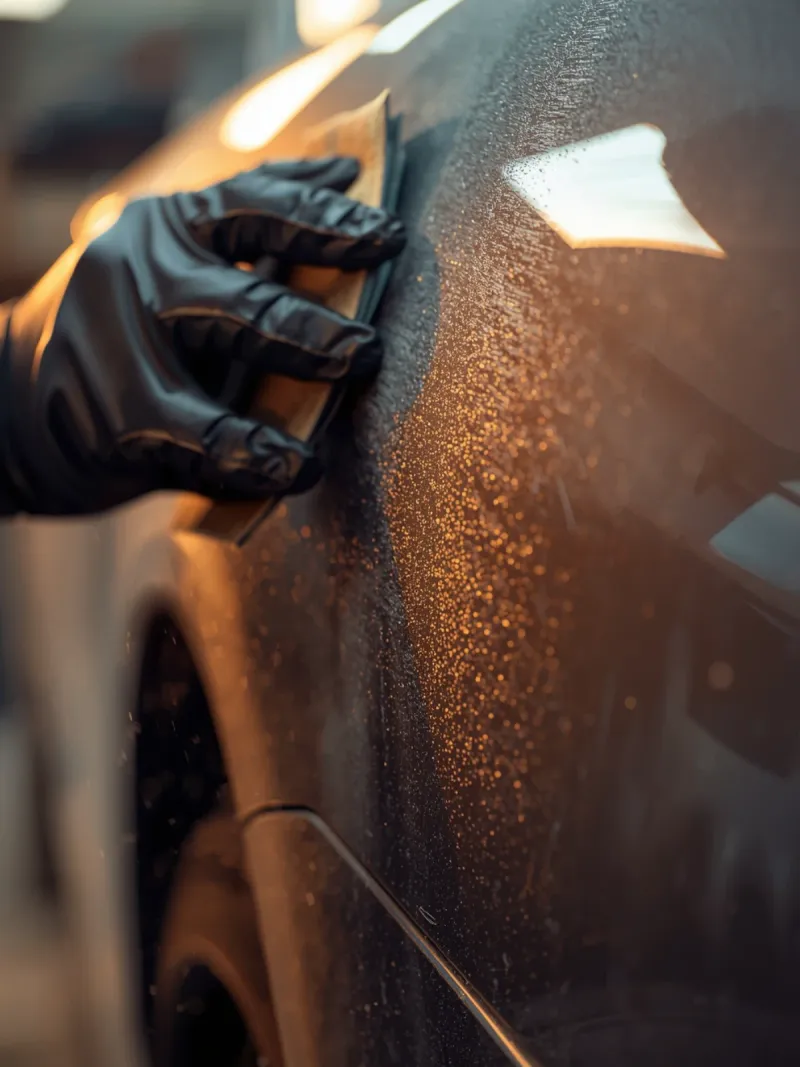 Vehicle panel surface preparation, close-up